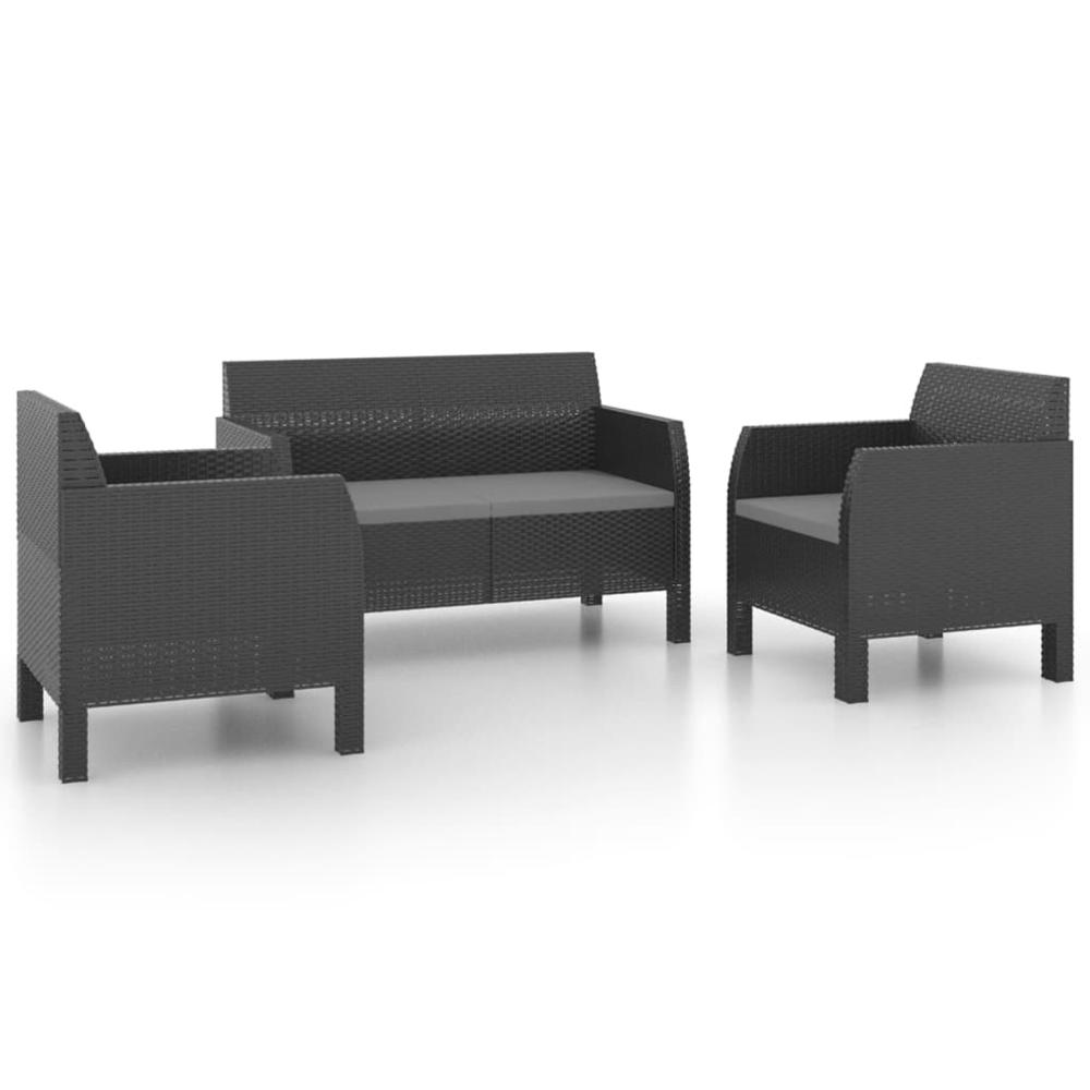 vidaXL 3 Piece Patio Lounge Set with Cushions PP Rattan Anthracite, 3079671. Picture 2