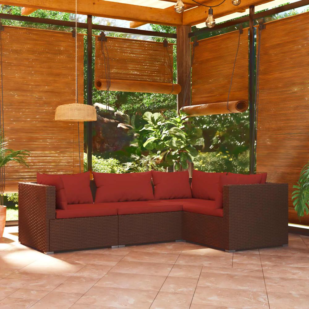 vidaXL 4 Piece Patio Lounge Set with Cushions Poly Rattan Brown, 3101675. Picture 1