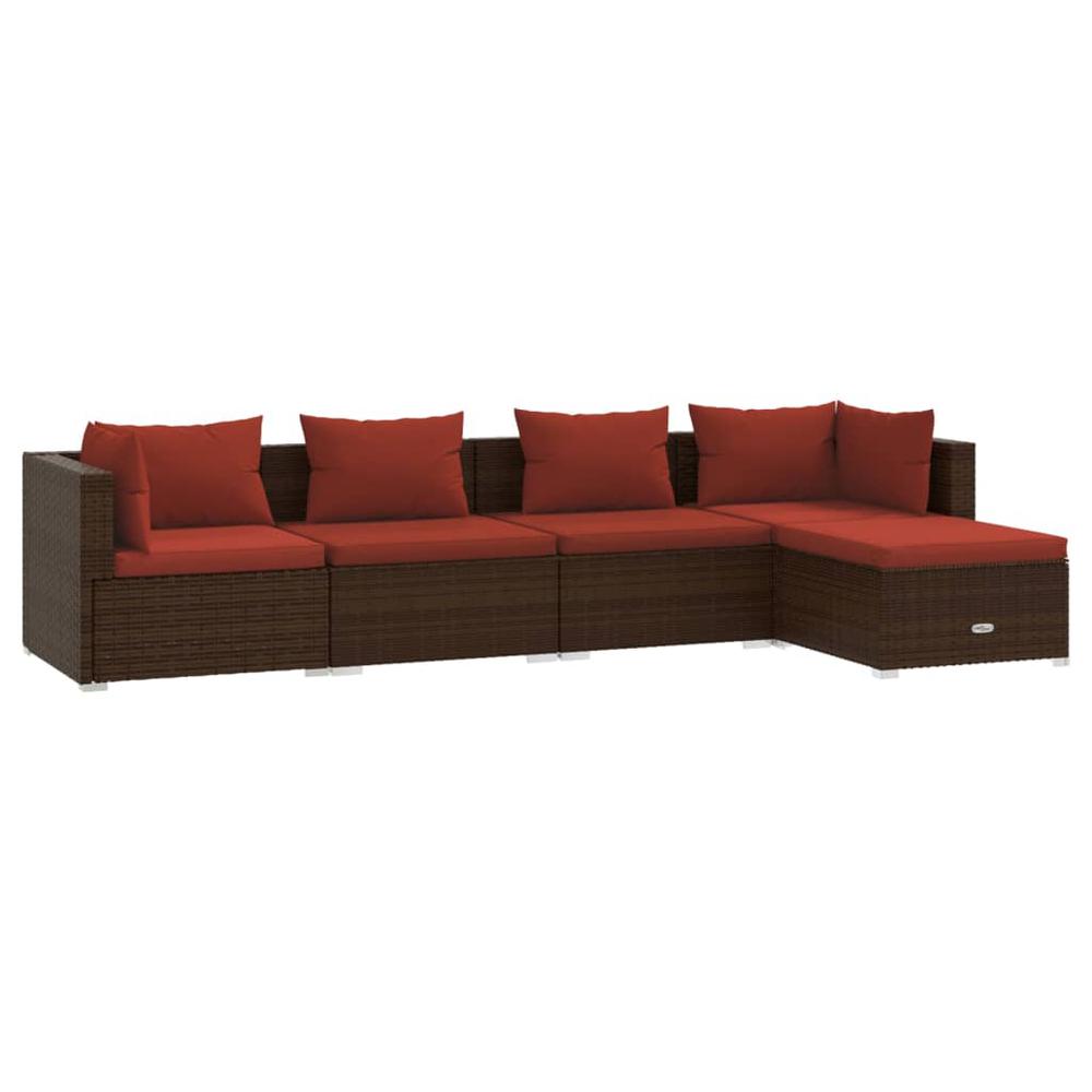 vidaXL 5 Piece Patio Lounge Set with Cushions Poly Rattan Brown, 3101659. Picture 2