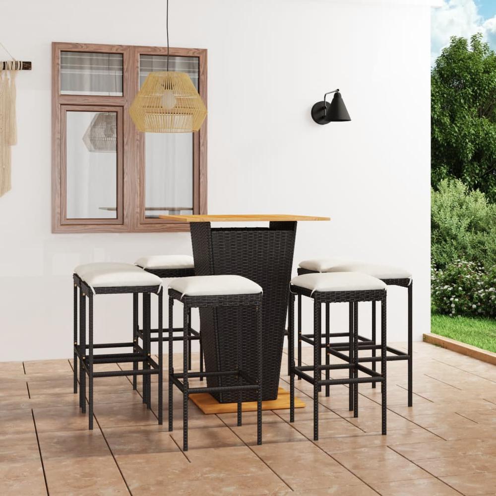 vidaXL 9 Piece Patio Bar Set with Cushions Poly Rattan Black, 3064854. Picture 1