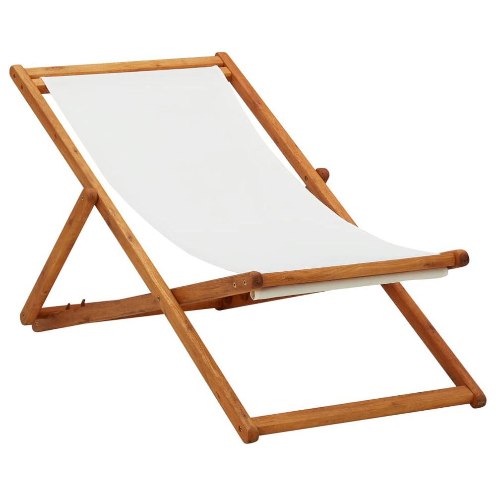 vidaXL Folding Beach Chair Eucalyptus Wood and Fabric Cream White. Picture 1