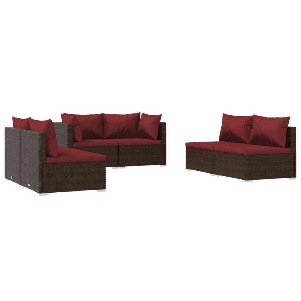 vidaXL 6 Piece Patio Lounge Set with Cushions Poly Rattan Brown, 3102211. Picture 2