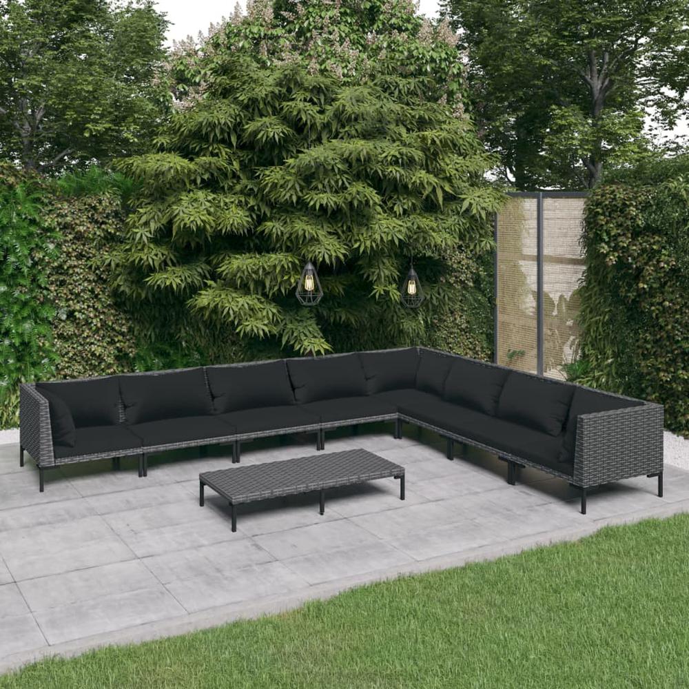 vidaXL 9 Piece Patio Lounge Set with Cushions Poly Rattan Dark Gray, 3099849. The main picture.