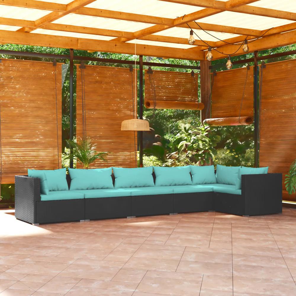vidaXL 6 Piece Patio Lounge Set with Cushions Poly Rattan Black, 3101705. Picture 1