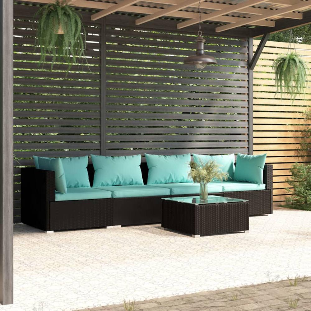 vidaXL 5 Piece Patio Lounge Set with Cushions Poly Rattan Black, 3101433. Picture 1