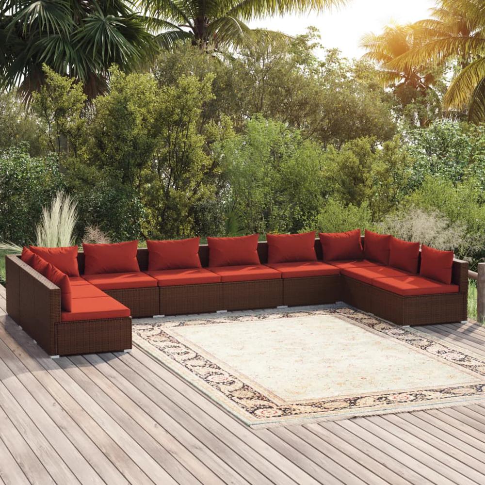 vidaXL 10 Piece Patio Lounge Set with Cushions Poly Rattan Brown, 3101923. Picture 1