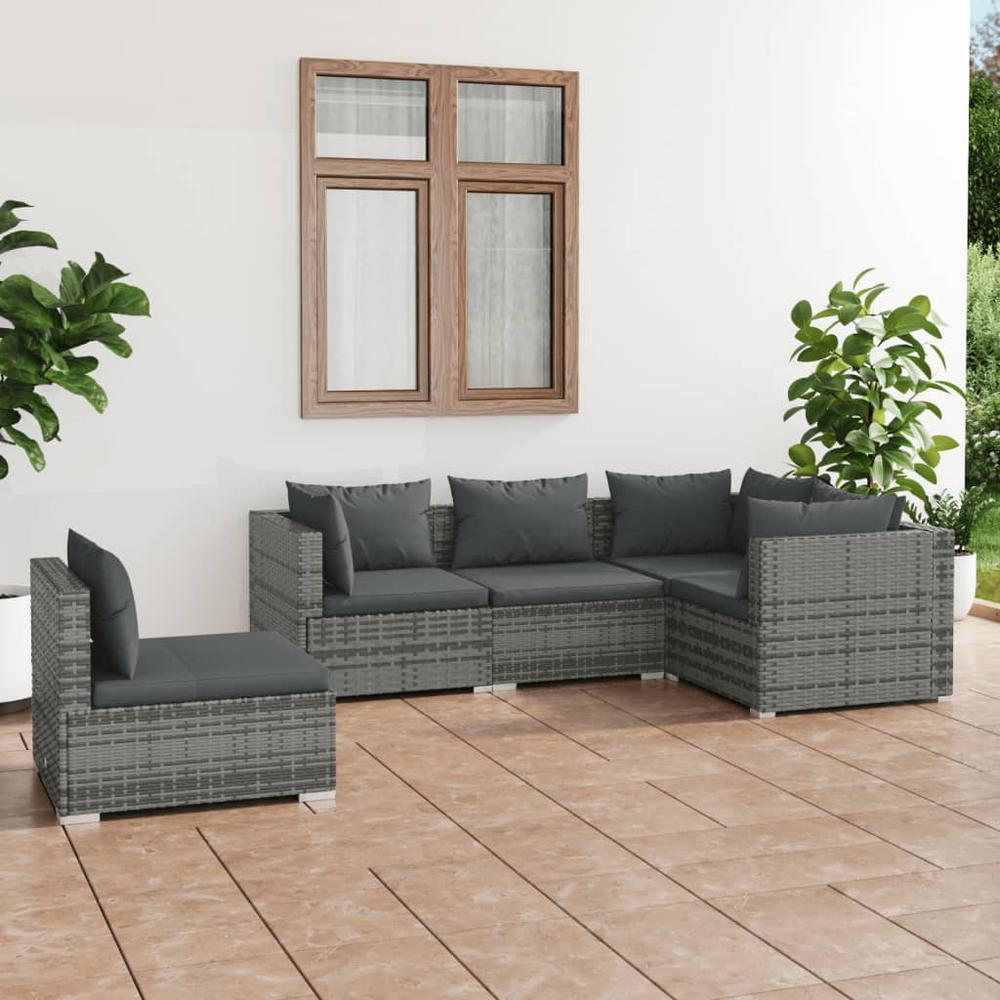 vidaXL 5 Piece Patio Lounge Set with Cushions Poly Rattan Gray, 3102317. Picture 1