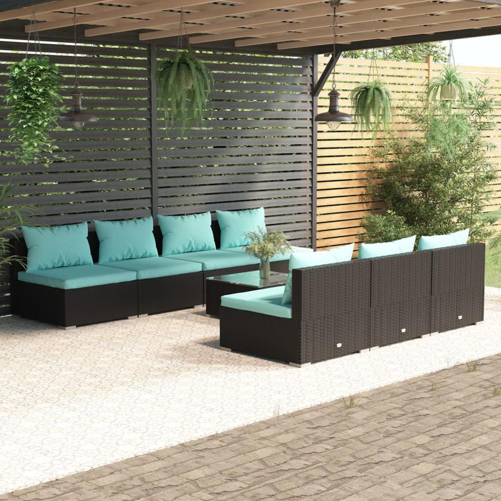 vidaXL 8 Piece Patio Lounge Set with Cushions Poly Rattan Black, 3101465. Picture 1