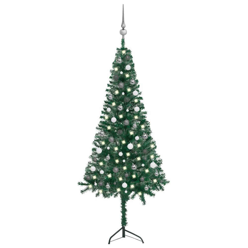 vidaXL Corner Artificial Christmas Tree LEDs&Ball Set Green 82.7" PVC, 3077965. Picture 1