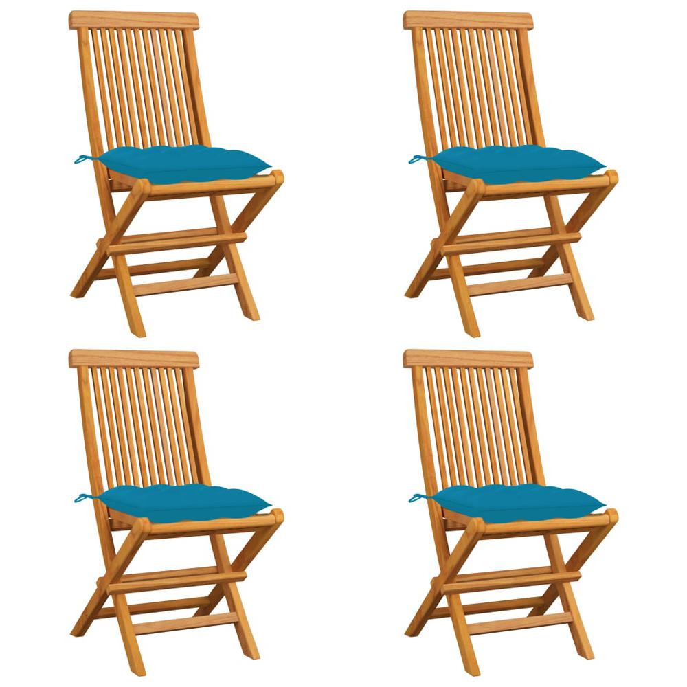 vidaXL Patio Chairs with Light Blue Cushions 4 pcs Solid Teak Wood, 3062587. Picture 1
