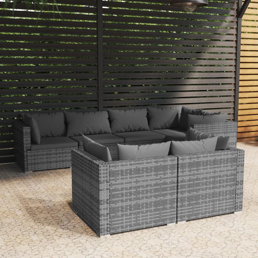 vidaXL 7 Piece Patio Lounge Set with Cushions Gray Poly Rattan, 3102477. Picture 1
