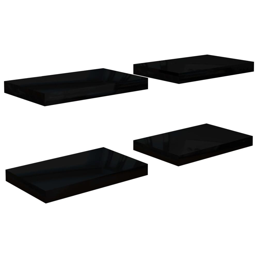 vidaXL Floating Wall Shelves 4 pcs High Gloss Black 15.7"x9.1"x1.5" MDF. Picture 2