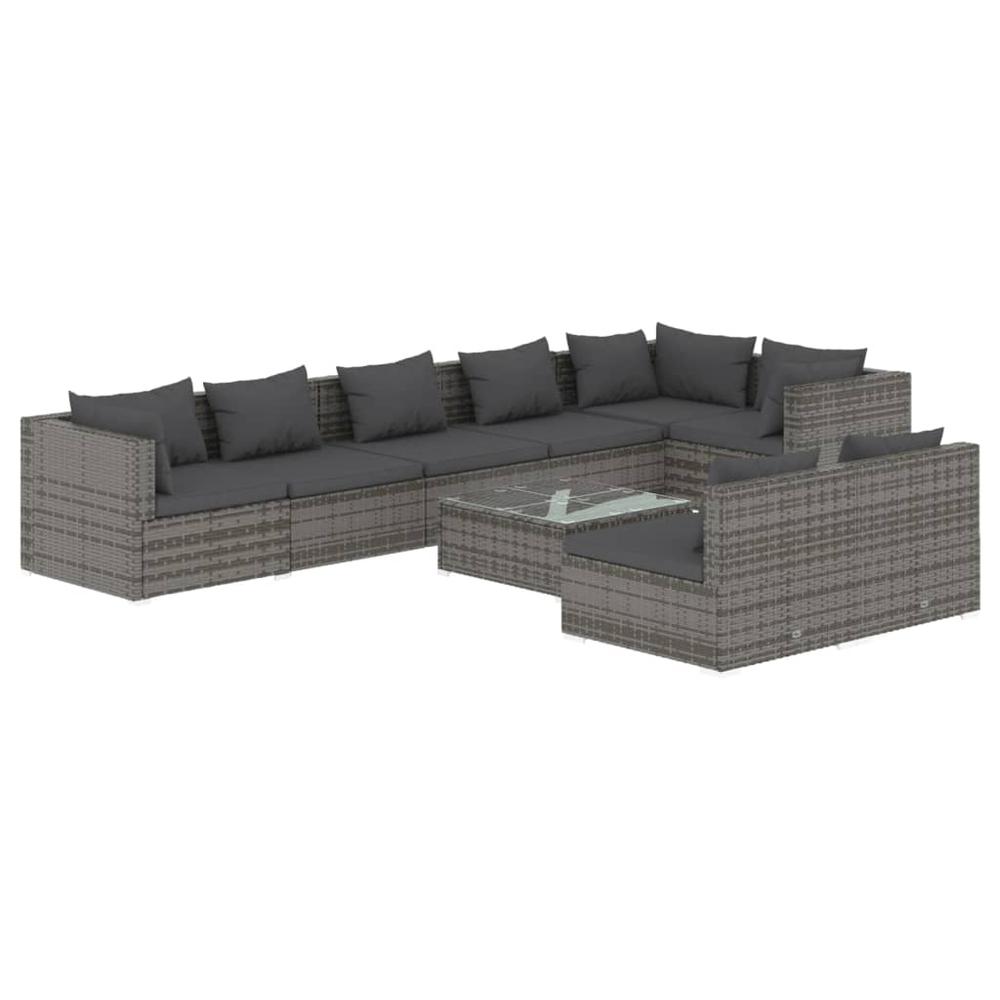 vidaXL 9 Piece Patio Lounge Set with Cushions Gray Poly Rattan, 3102413. Picture 2