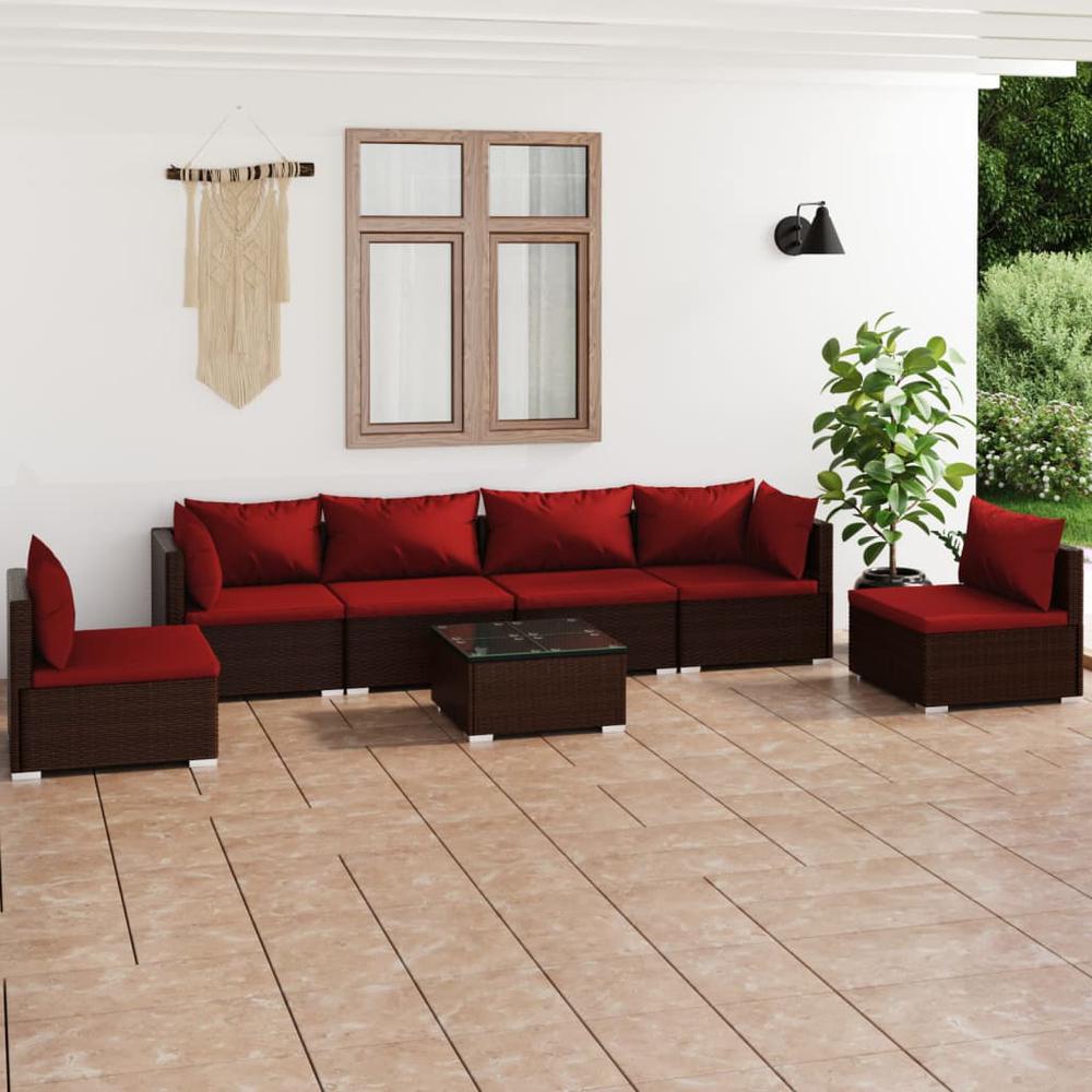 vidaXL 7 Piece Patio Lounge Set with Cushions Poly Rattan Brown, 3102219. Picture 1