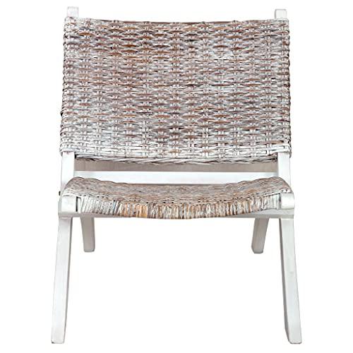 vidaXL Relaxing Chair White Natural Kubu Rattan and Solid Mahogany Wood 5800. Picture 2
