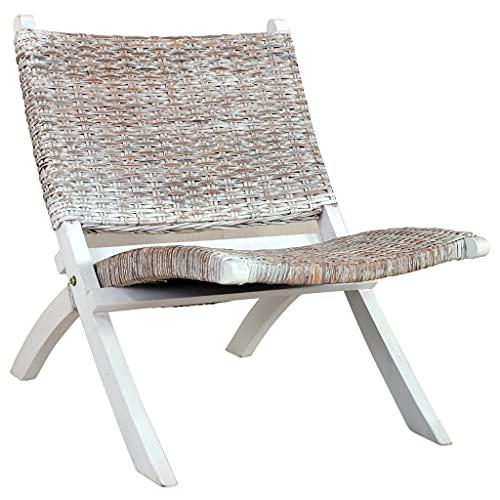 vidaXL Relaxing Chair White Natural Kubu Rattan and Solid Mahogany Wood 5800. Picture 1