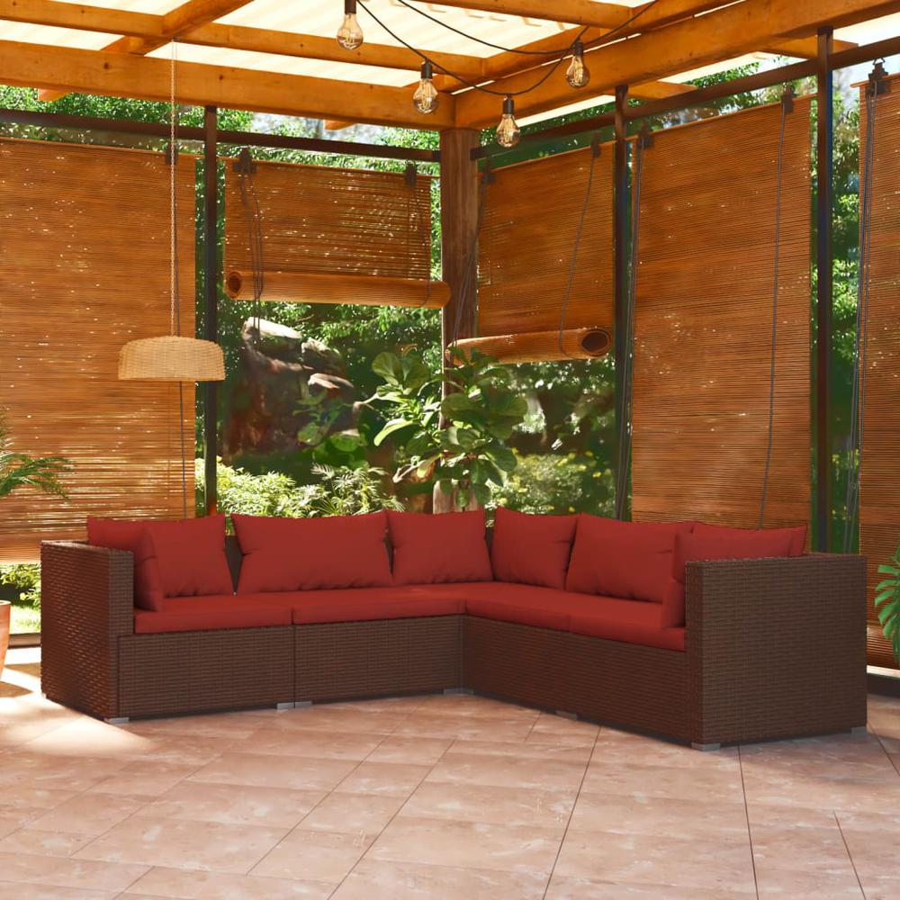 vidaXL 5 Piece Patio Lounge Set with Cushions Poly Rattan Brown, 3101699. Picture 1