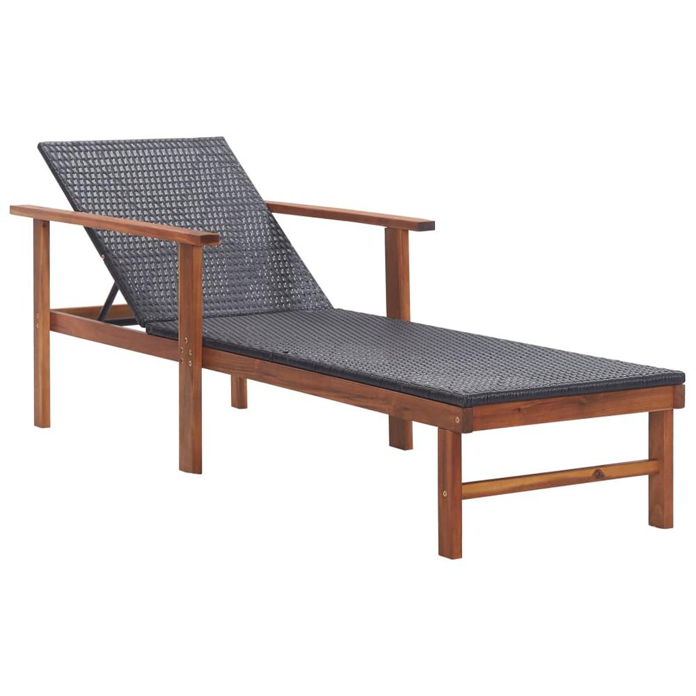 vidaXL Sun Lounger Poly Rattan and Solid Acacia Wood Black, 48706. Picture 1