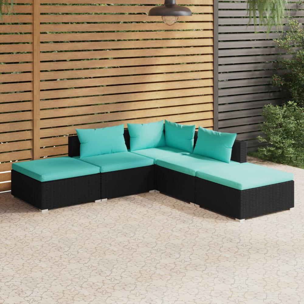 vidaXL 5 Piece Patio Lounge Set with Cushions Poly Rattan Black, 3101609. Picture 1