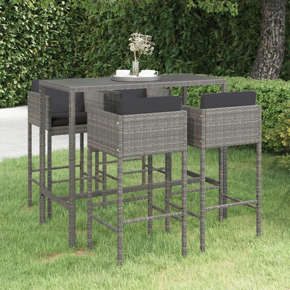 vidaXL 5 Piece Patio Bar Set with Cushions Poly Rattan Gray, 3094794. Picture 1