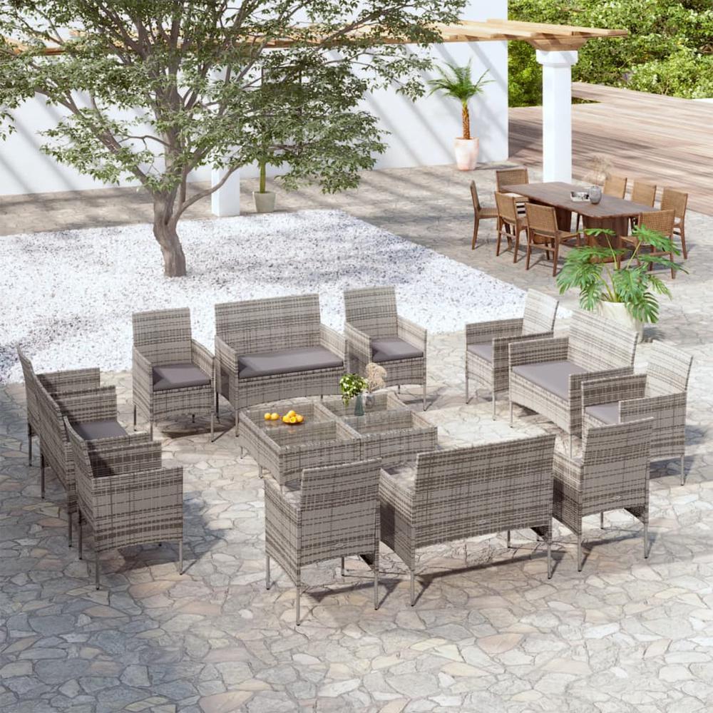 vidaXL 16 Piece Patio Lounge Set with Cushions Poly Rattan Gray, 3095960. Picture 1