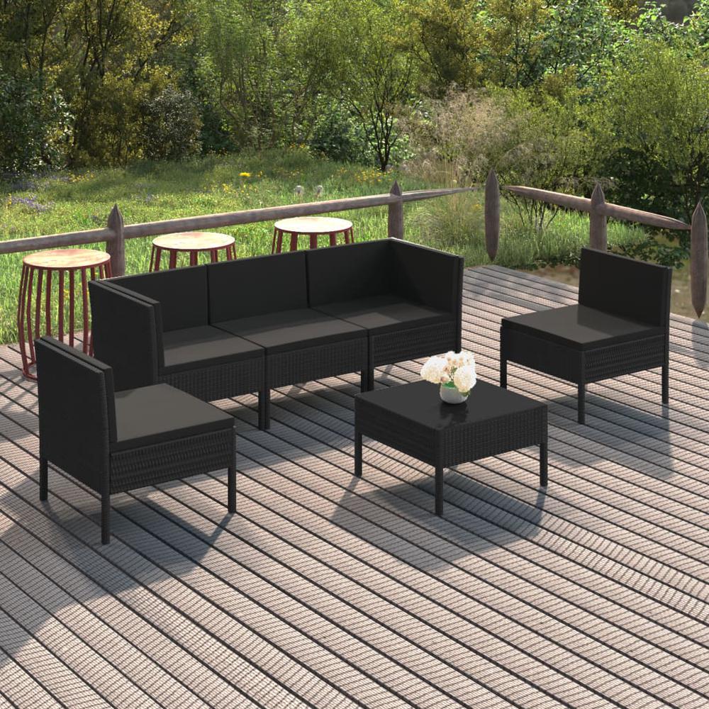 vidaXL 6 Piece Patio Lounge Set with Cushions Poly Rattan Black, 3094345. Picture 1