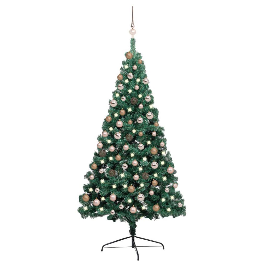 vidaXL Artificial Half Christmas Tree with LEDs&Ball Set Green 70.9", 3077565. Picture 1