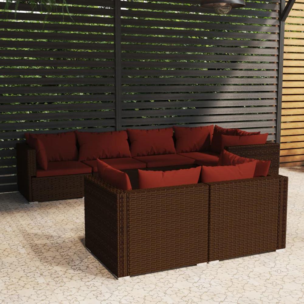 vidaXL 7 Piece Patio Lounge Set with Cushions Brown Poly Rattan, 3102475. Picture 1