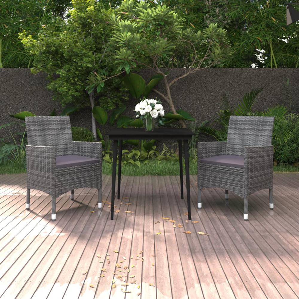 vidaXL 3 Piece Patio Dining Set with Cushions Poly Rattan and Glass, 3099739. Picture 1