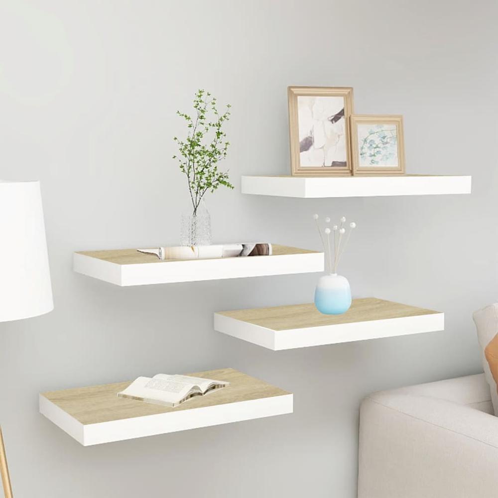 vidaXL Floating Wall Shelves 4 pcs Oak and White 15.7"x9.1"x1.5" MDF. Picture 1