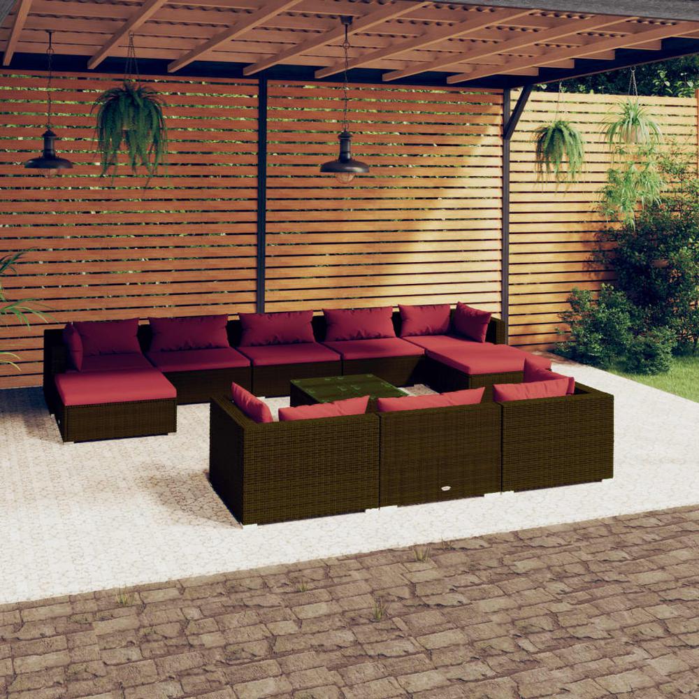 vidaXL 11 Piece Patio Lounge Set with Cushions Brown Poly Rattan, 3102051. Picture 1