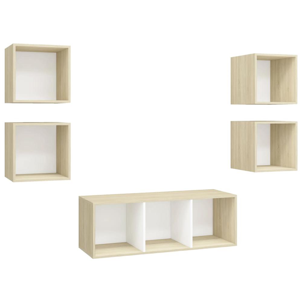 vidaXL 5 Piece TV Cabinet Set White and Sonoma Oak Engineered Wood, 3079615. Picture 2