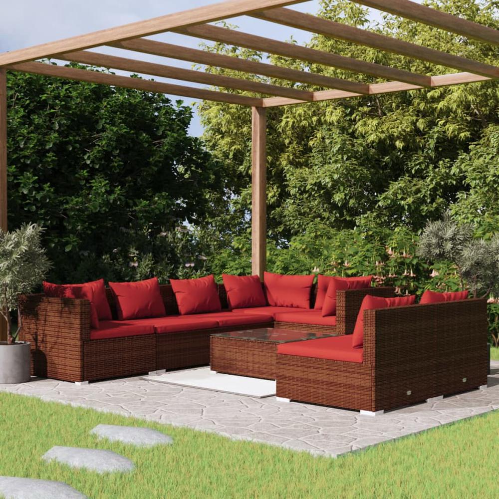 vidaXL 8 Piece Patio Lounge Set with Cushions Brown Poly Rattan, 3102395. Picture 1