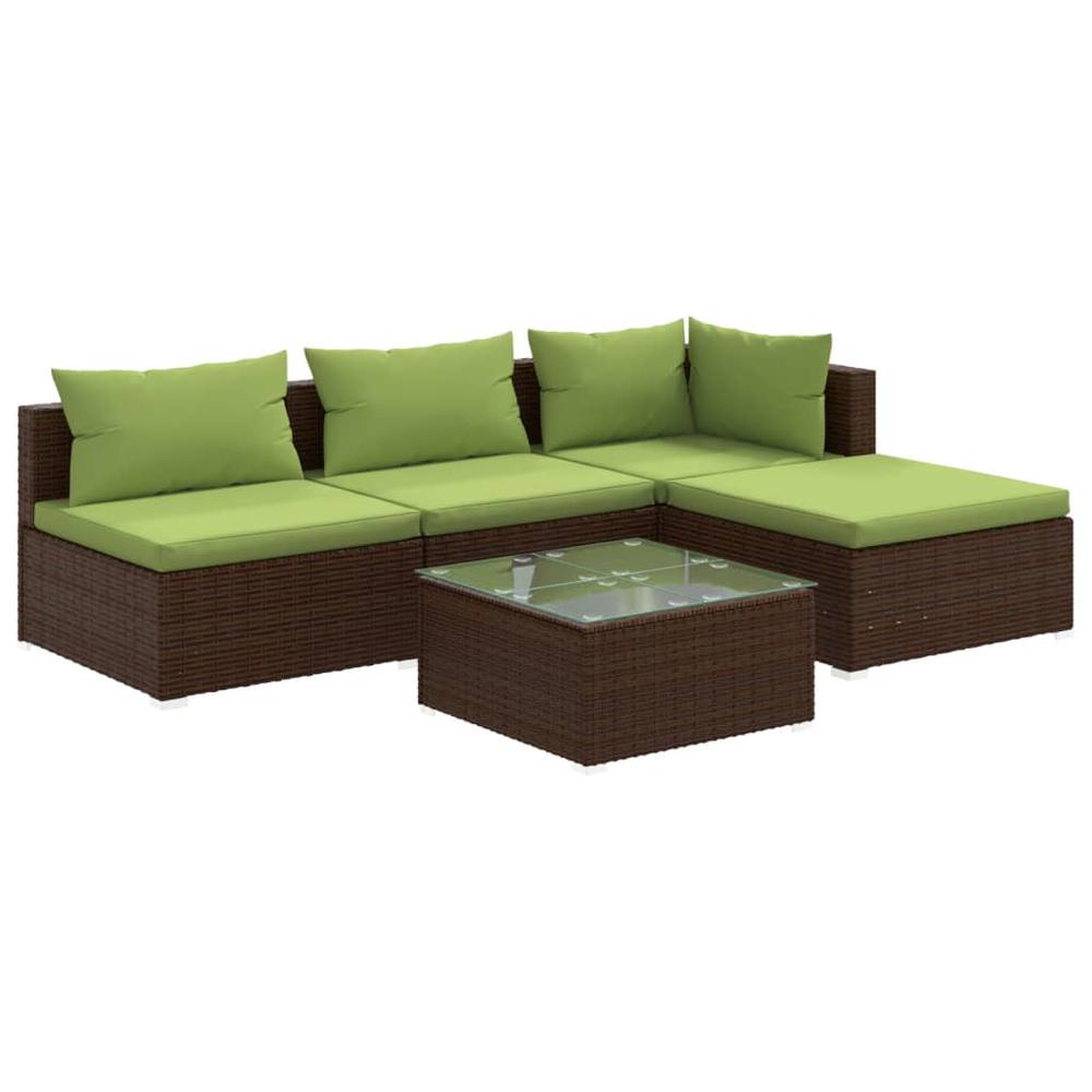 vidaXL 5 Piece Patio Lounge Set with Cushions Poly Rattan Brown, 3101620. Picture 2