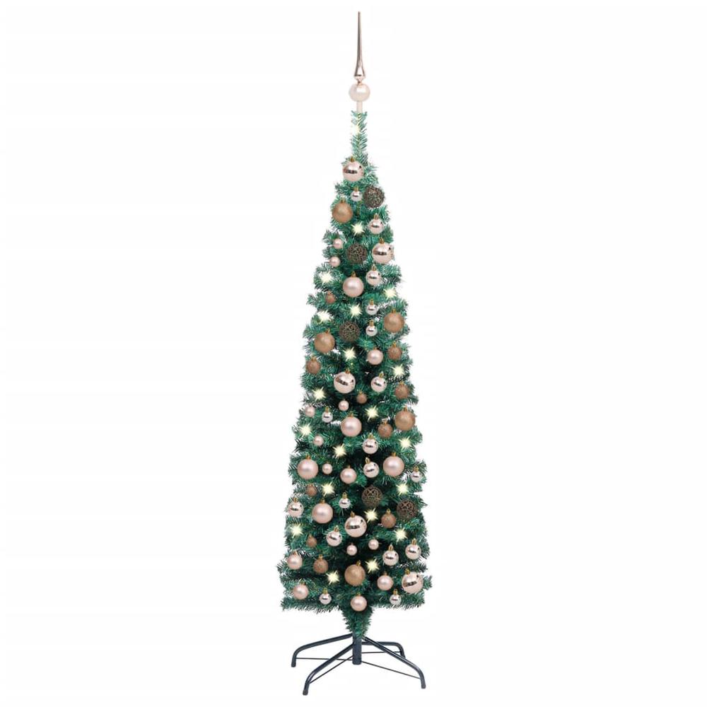 vidaXL Slim Artificial Christmas Tree with LEDs&Ball Set Green 47.2", 3077850. Picture 1
