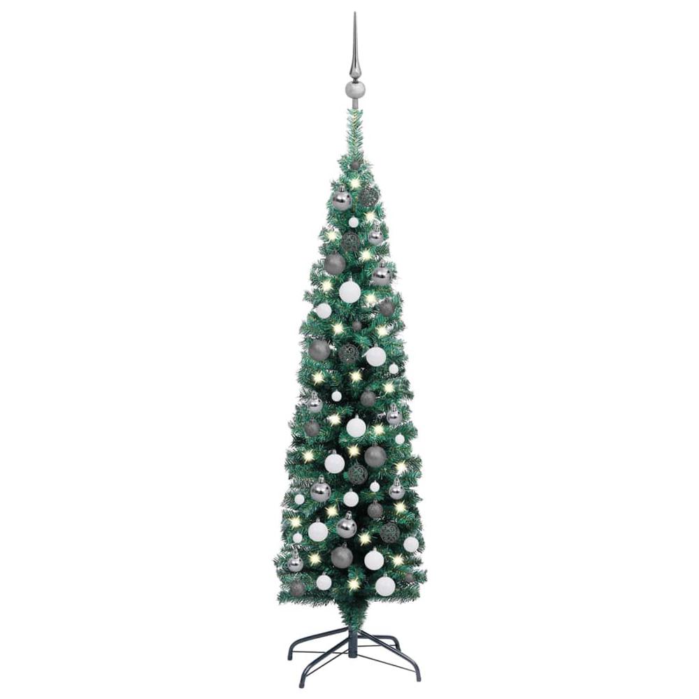 vidaXL Slim Artificial Christmas Tree with LEDs&Ball Set Green 47.2", 3077898. Picture 1