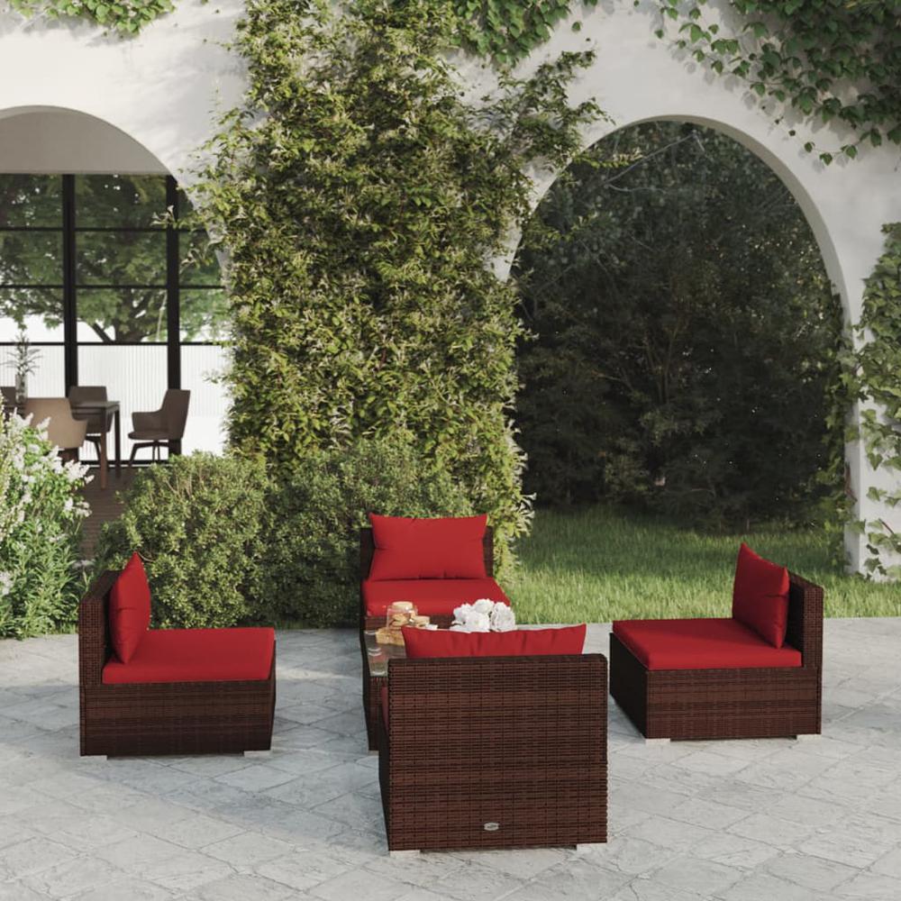 vidaXL 5 Piece Patio Lounge Set with Cushions Poly Rattan Brown, 3101523. The main picture.
