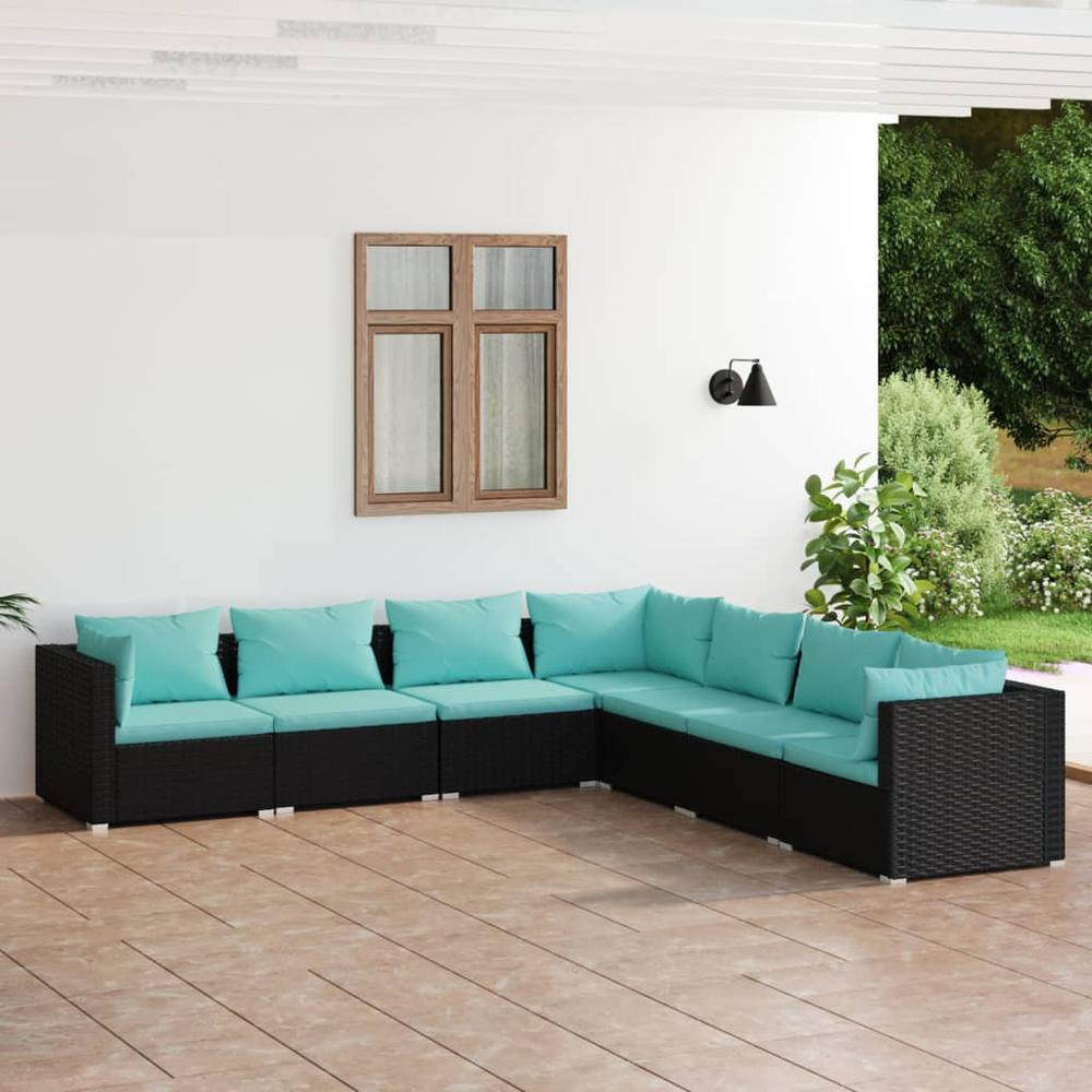 vidaXL 7 Piece Patio Lounge Set with Cushions Poly Rattan Black, 3101745. Picture 1