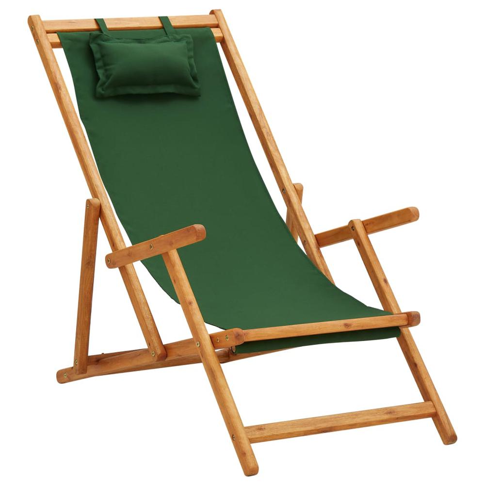 vidaXL Folding Beach Chair Solid Eucalyptus Wood and Fabric Green. Picture 1