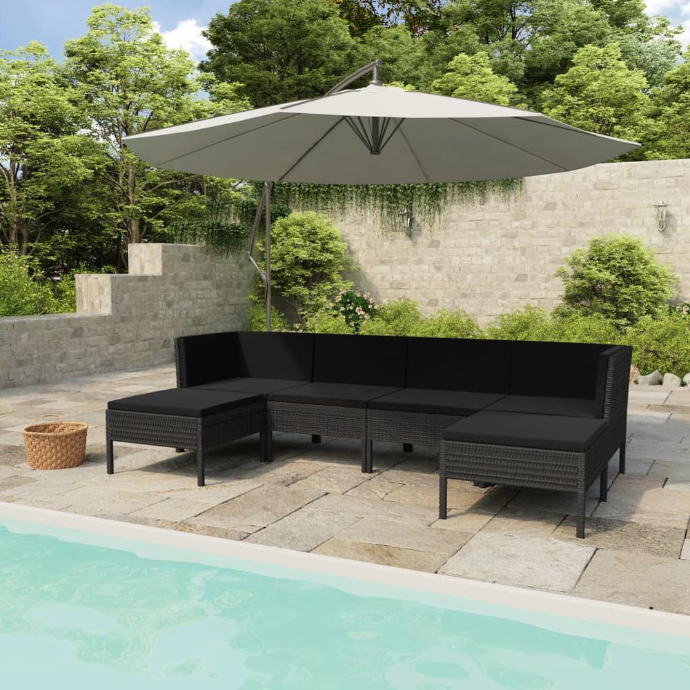 vidaXL 6 Piece Patio Lounge Set with Cushions Poly Rattan Black, 3056963. Picture 1