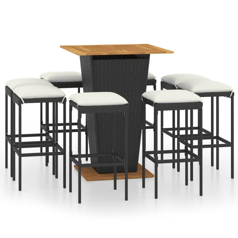 vidaXL 9 Piece Patio Bar Set with Cushions Poly Rattan Black, 3064854. Picture 2