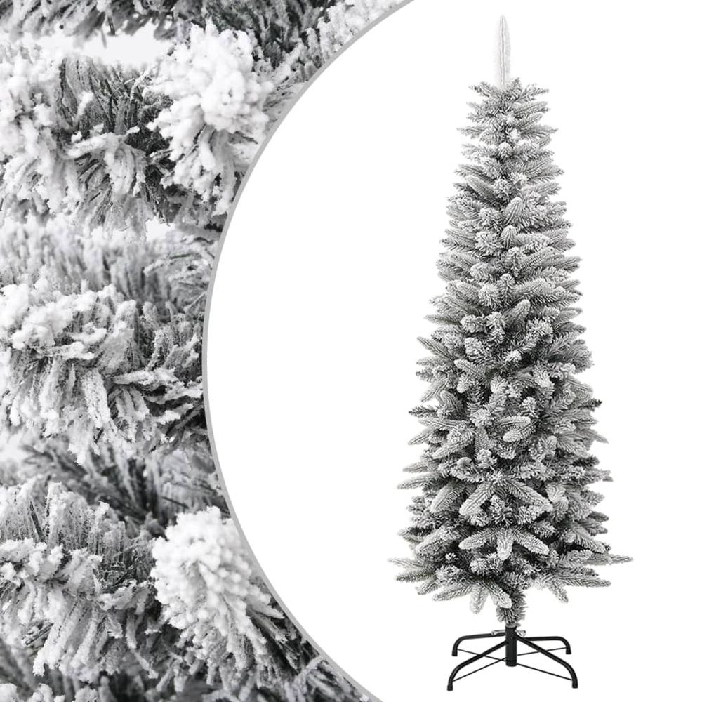 vidaXL Artificial Slim Christmas Tree with Flocked Snow 59.1" PVC&PE. Picture 1