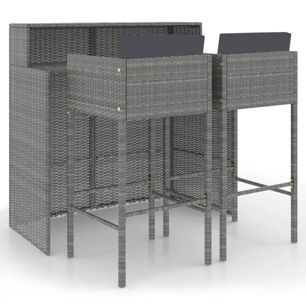 vidaXL 3 Piece Patio Bar Set with Cushions Poly Rattan Gray, 3094808. Picture 2
