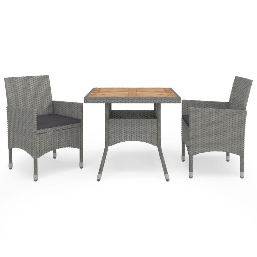 vidaXL 3 Piece Patio Dining Set Gray Poly Rattan and Acacia Wood. Picture 1