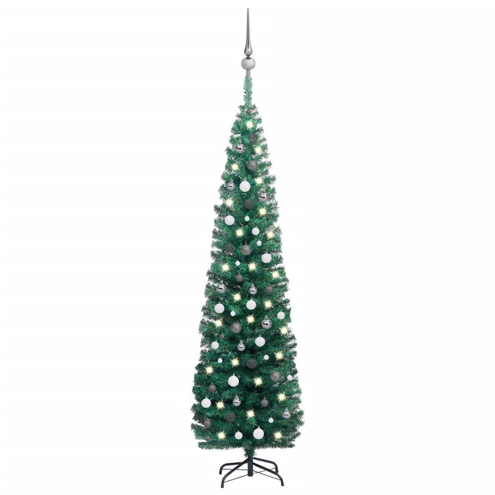 vidaXL Slim Artificial Christmas Tree with LEDs&Ball Set Green 94.5", 3077902. Picture 1