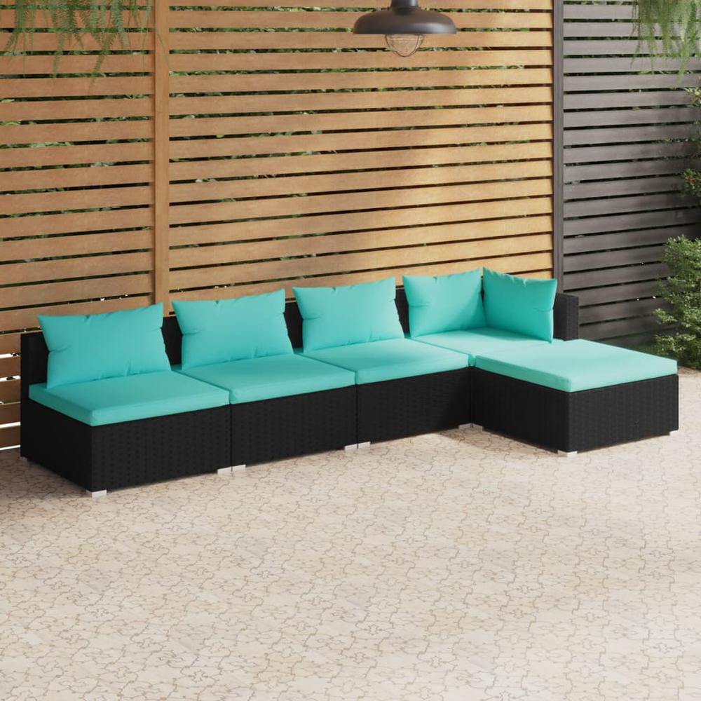 vidaXL 5 Piece Patio Lounge Set with Cushions Poly Rattan Black, 3101625. Picture 1