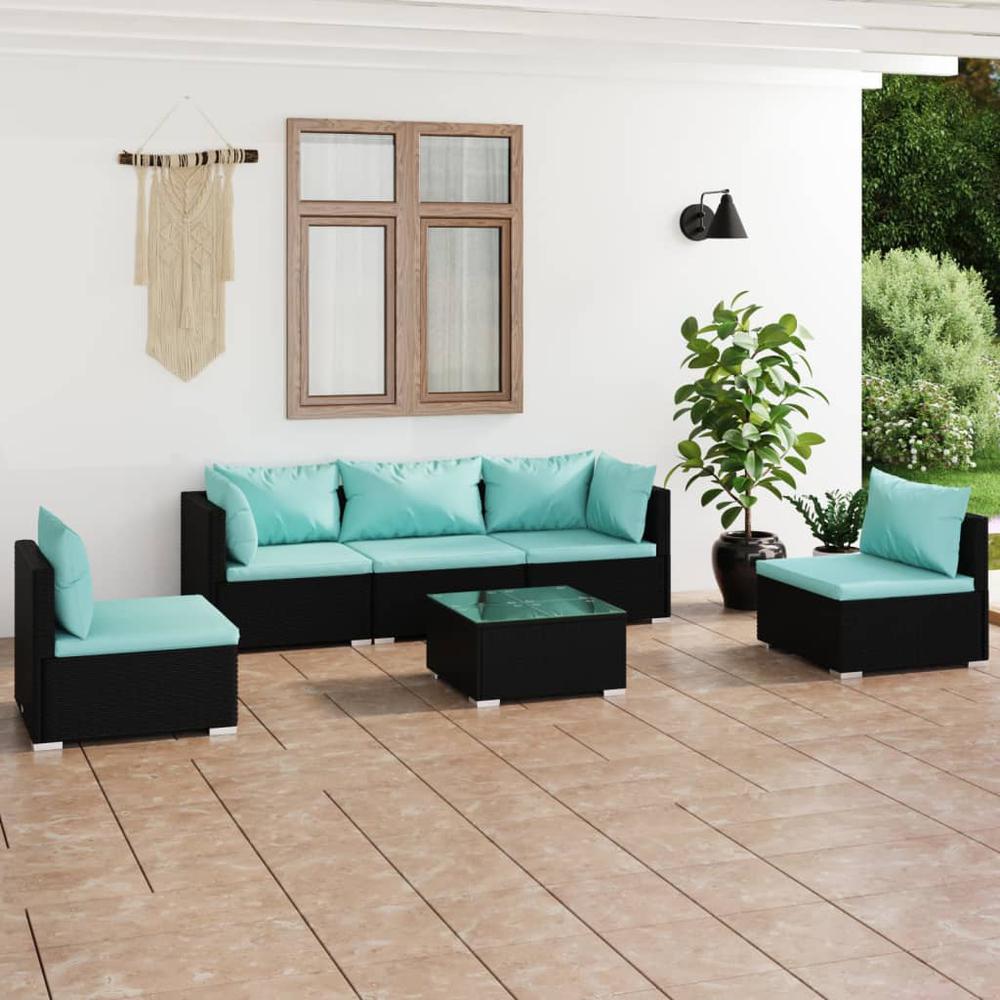 vidaXL 6 Piece Patio Lounge Set with Cushions Poly Rattan Black, 3102193. Picture 1