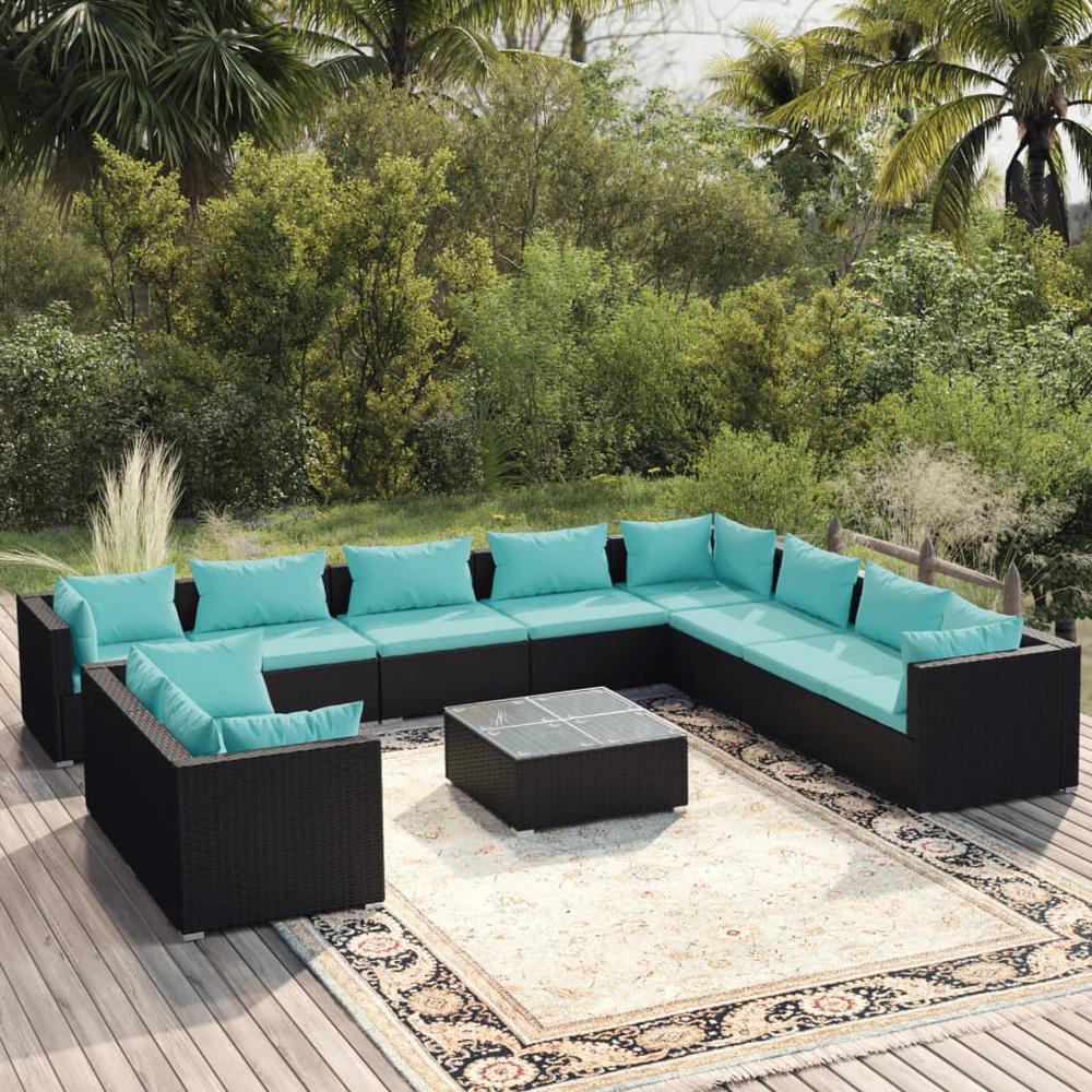 vidaXL 11 Piece Patio Lounge Set with Cushions Black Poly Rattan, 3102521. Picture 1