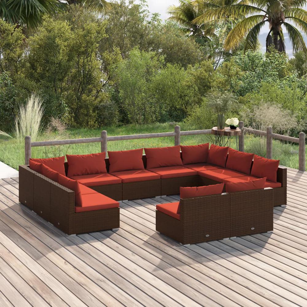 vidaXL 11 Piece Patio Lounge Set with Cushions Brown Poly Rattan, 3102123. Picture 1