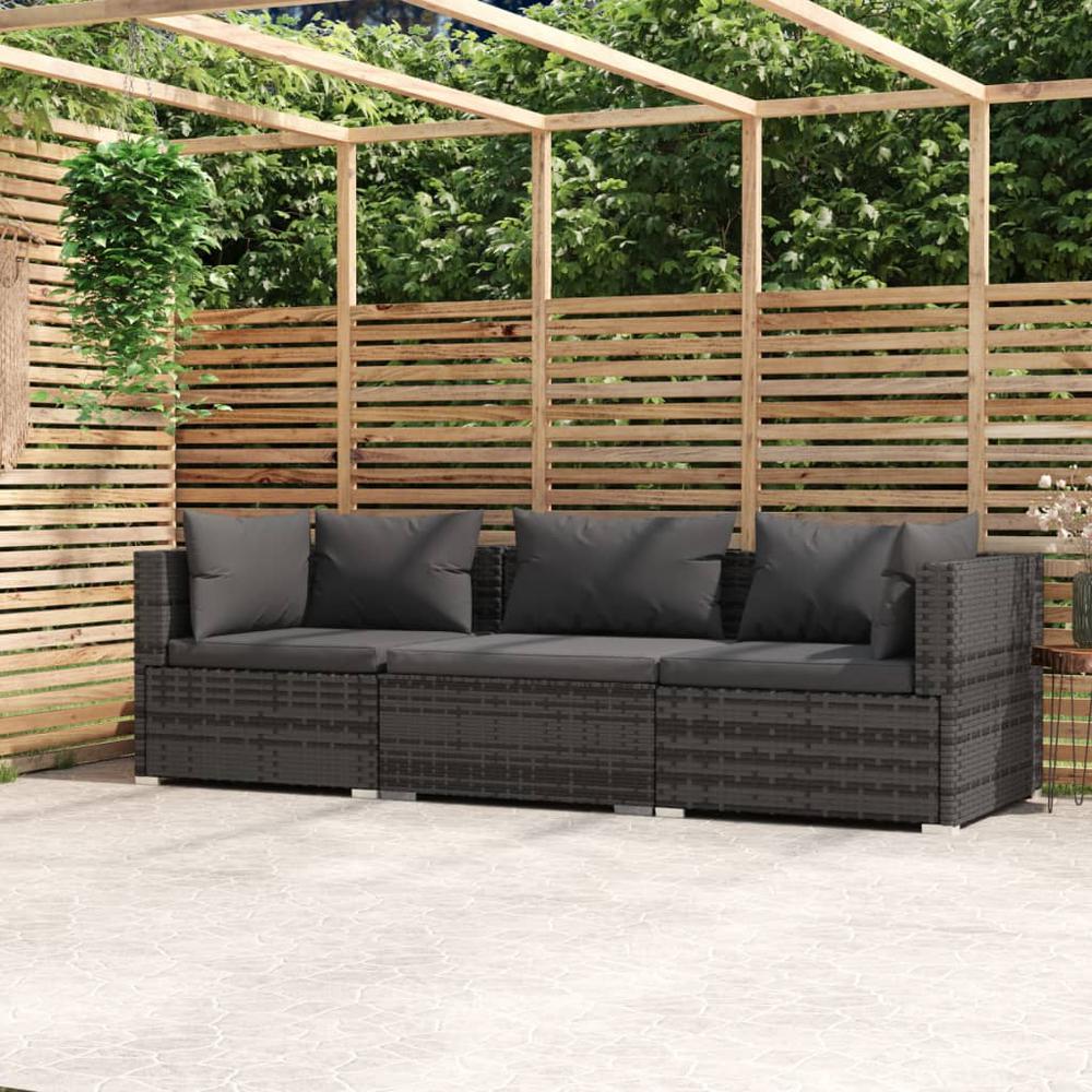 vidaXL 3-Seater Sofa with Cushions Gray Poly Rattan, 317511. Picture 1